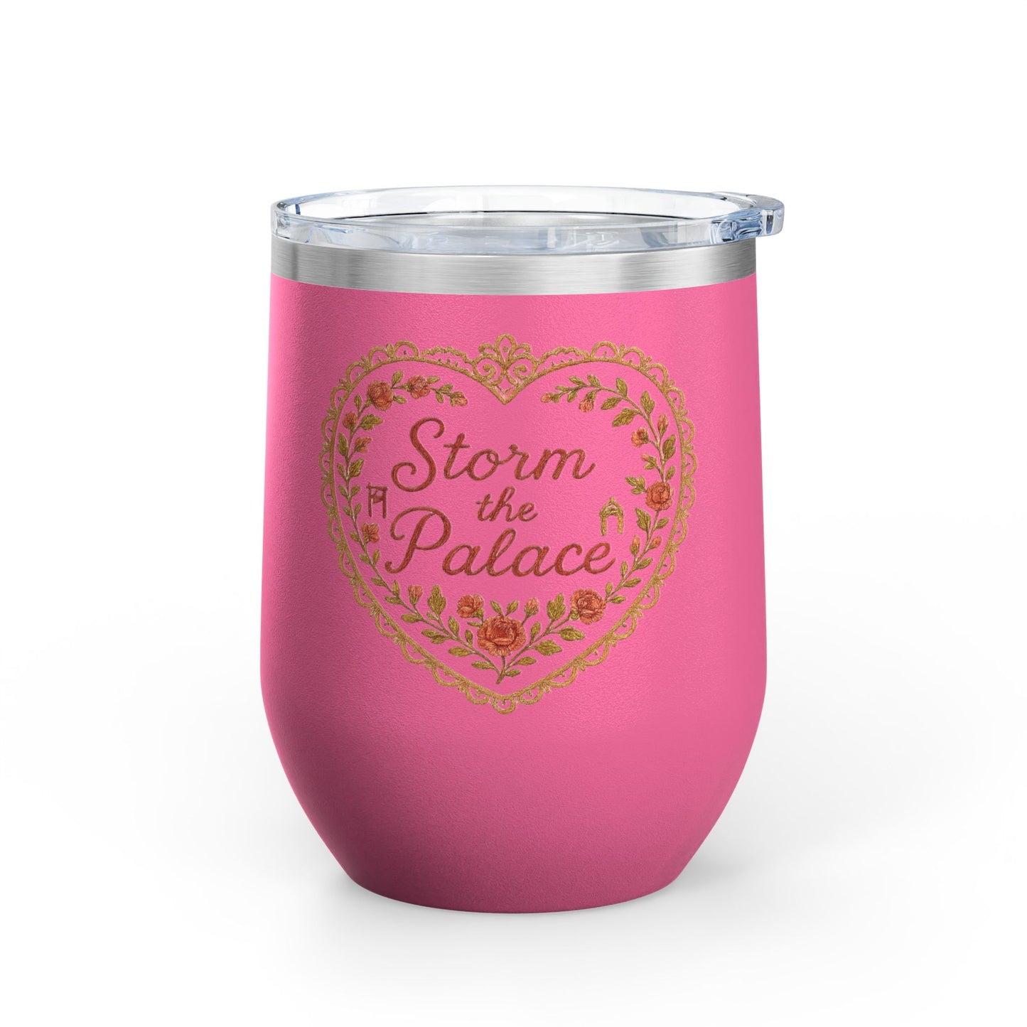 Pink insulated wine tumbler with heart-shaped floral design and the phrase “Storm the Palace,” featuring hidden icons like a guillotine and palace gate. aardvark dreams