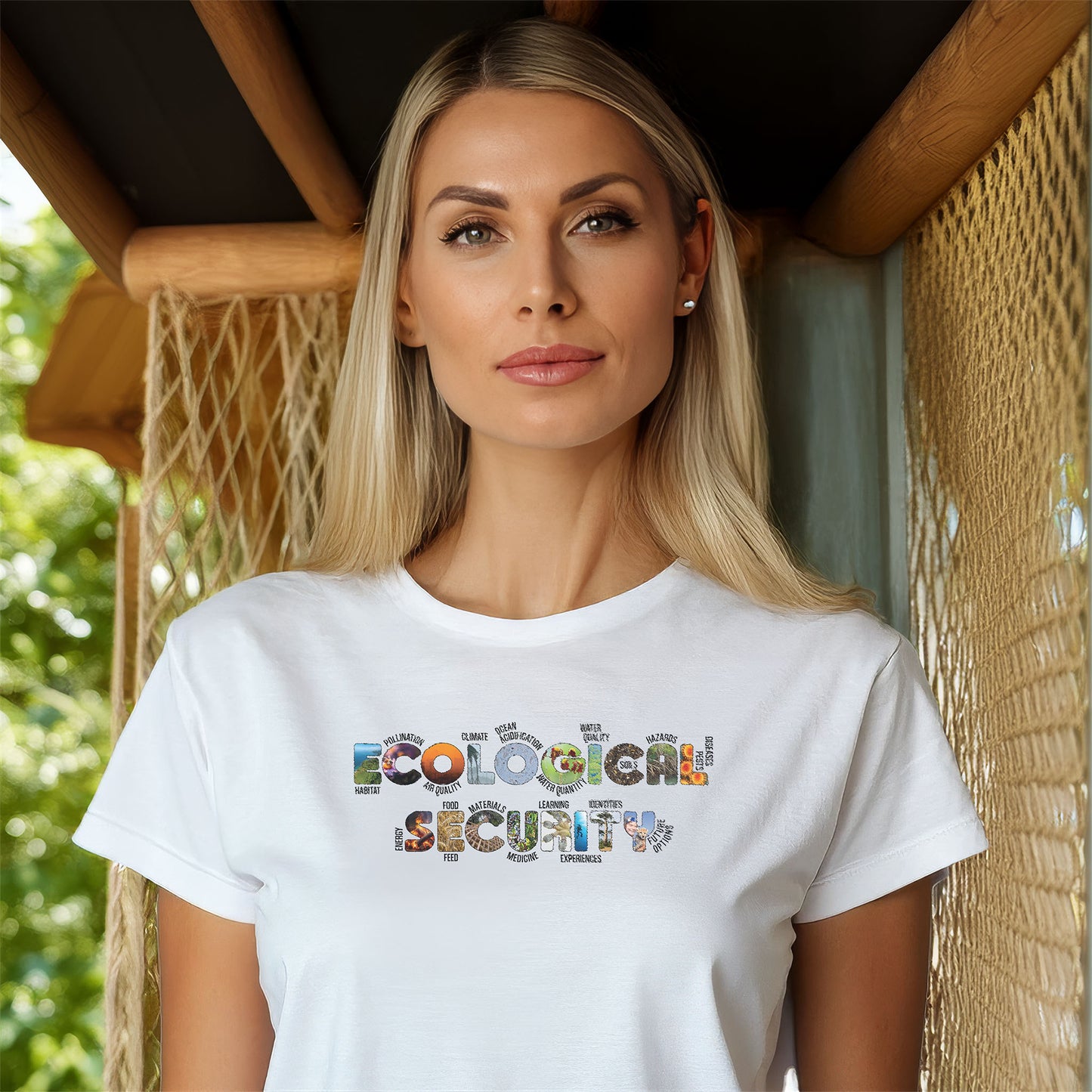 blonde woman wearing aardvark dreams white ecological security t-shirt