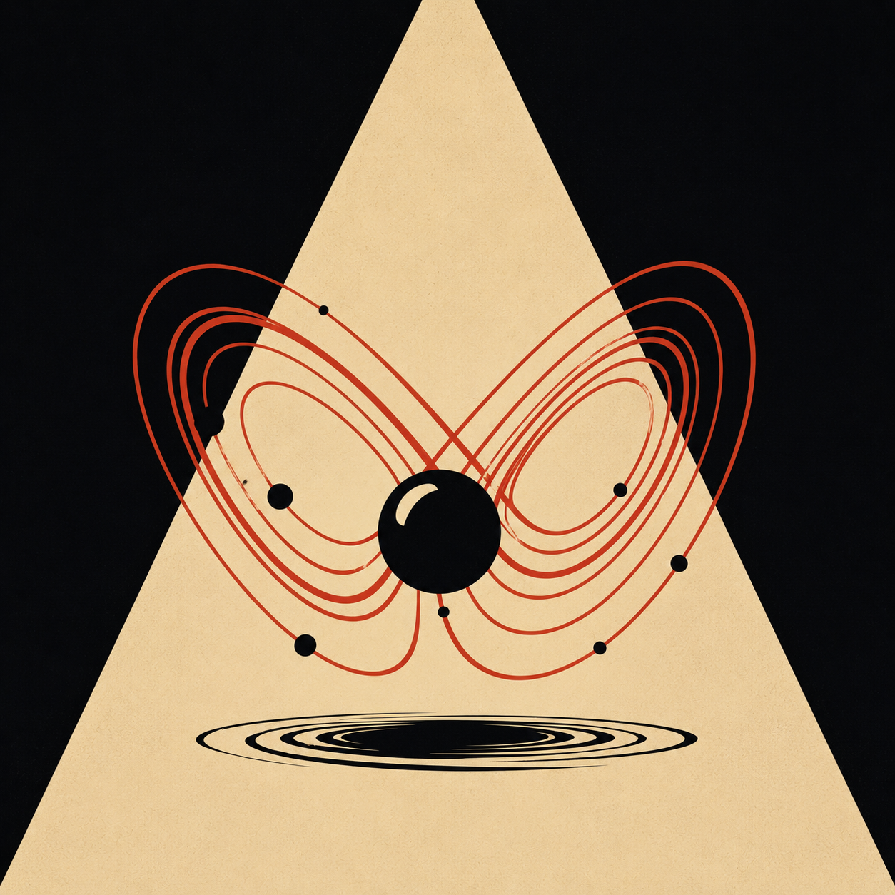 Chaotic red orbit diagram over a dark void for the Strange Attractors collection