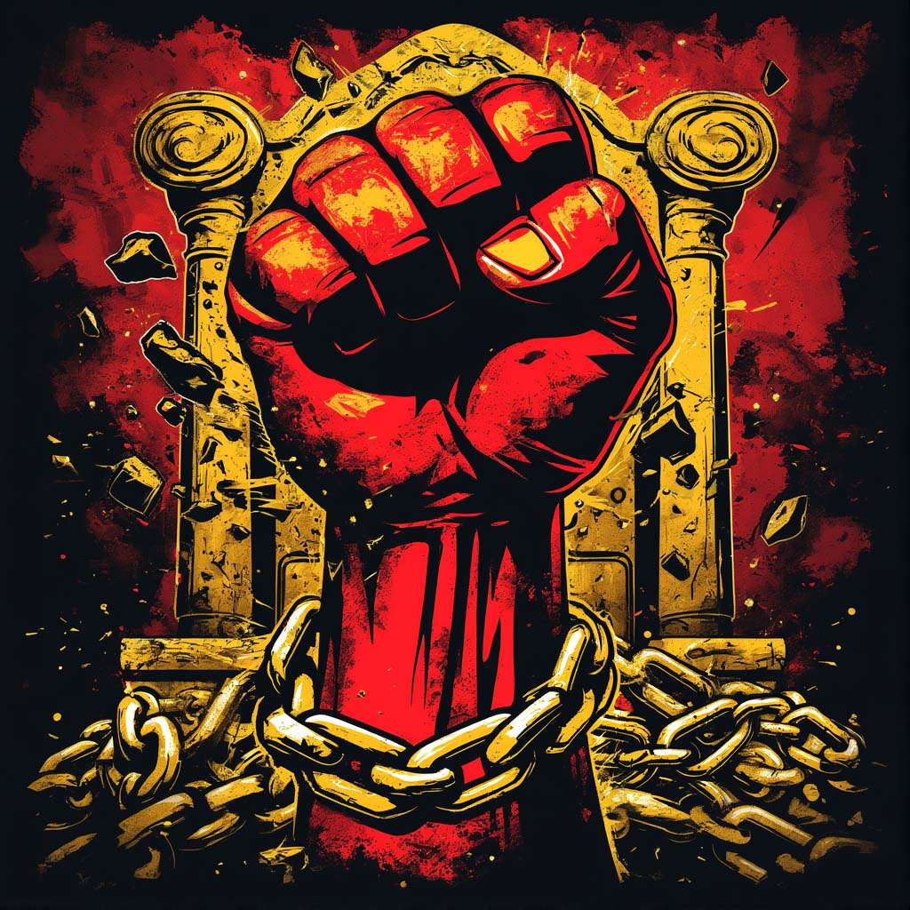 Illustration of a bold red clenched fist breaking free from golden chains and shattering an ornate throne, symbolizing rebellion against oligarchy and the fight for democratic freedom.