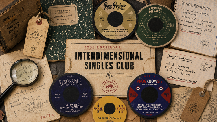 1982 Exchange Interdimensional Singles Club collection cover with fictional 45 rpm record-label coaster art and science archive notes