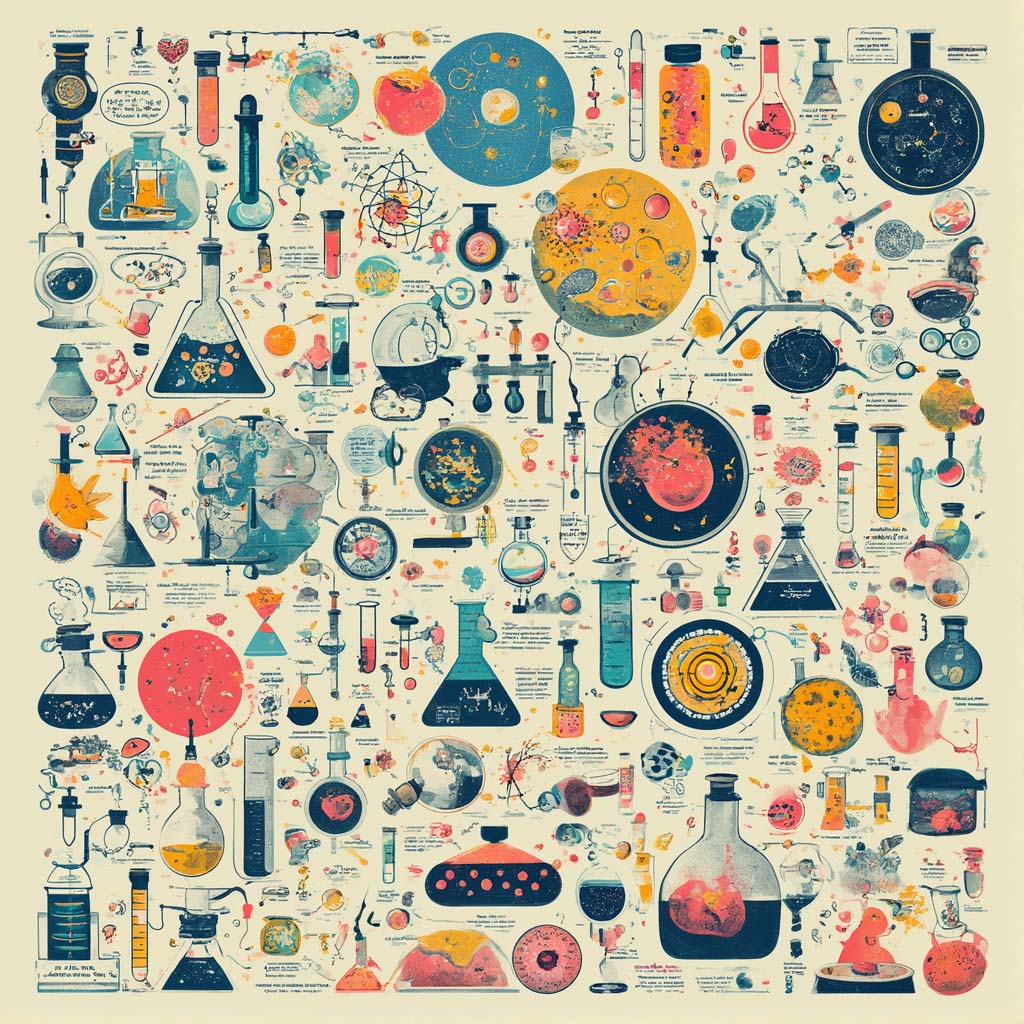 Whimsical collage of scientific glassware, experimental apparatus, and colorful surreal elements arranged in playful chaos, symbolizing curiosity, confusion, and delightful ambiguity.
