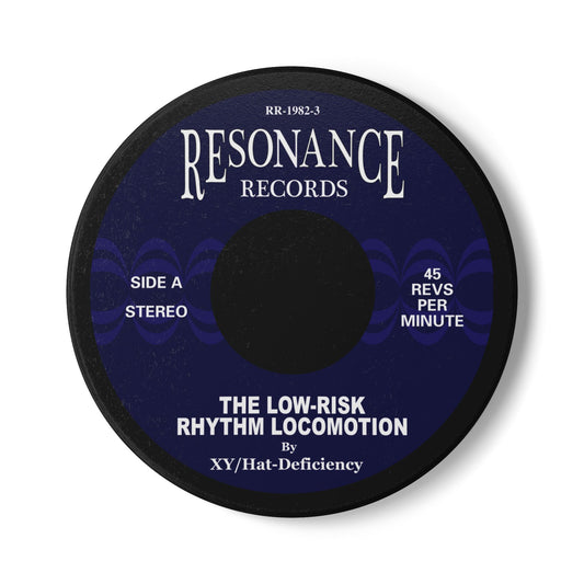 45 rpm-style coaster art for The Low-Risk Rhythm Locomotion by XY Hat-Deficiency