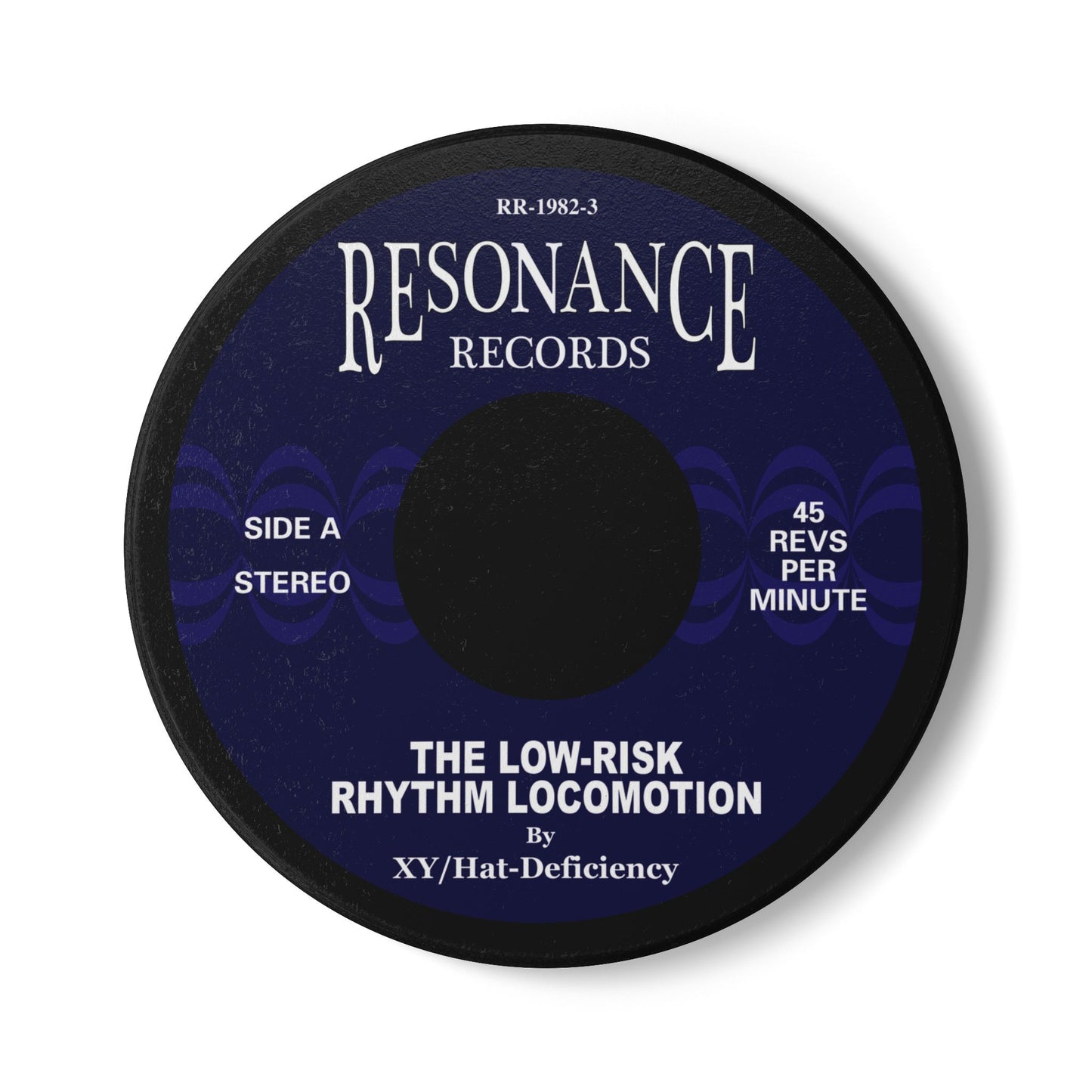 45 rpm-style coaster art for The Low-Risk Rhythm Locomotion by XY Hat-Deficiency