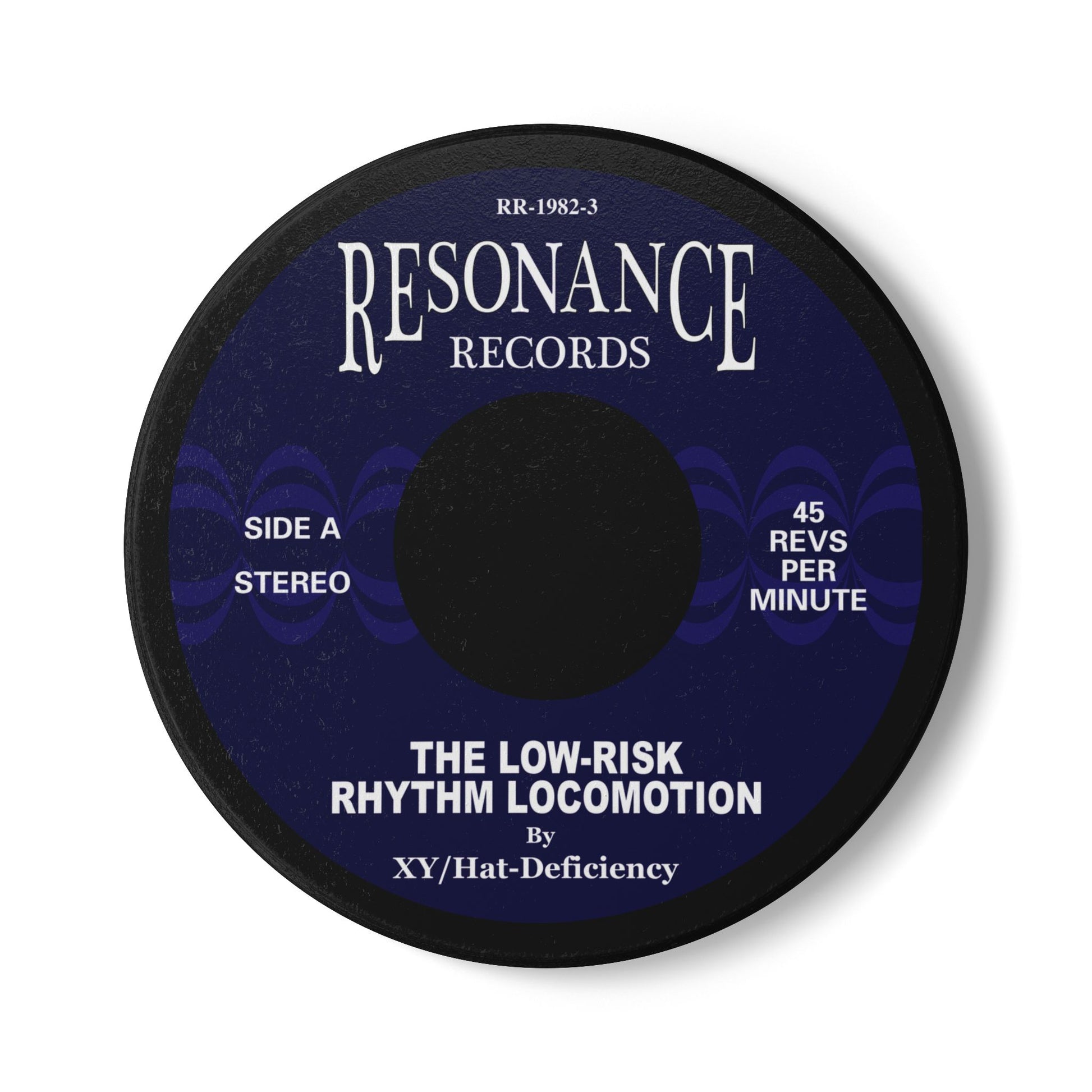 45 rpm-style coaster art for The Low-Risk Rhythm Locomotion by XY Hat-Deficiency
