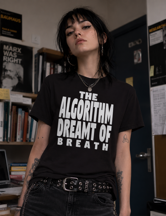 Model wearing The Algorithm Dreamt of Breath black tech T-shirt
