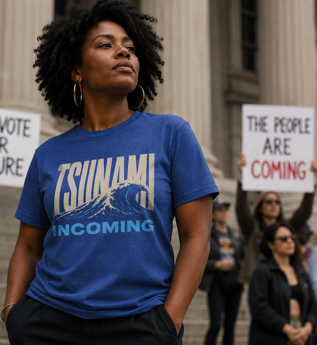Tsunami Incoming retro blue wave T-shirt with surf-poster political design