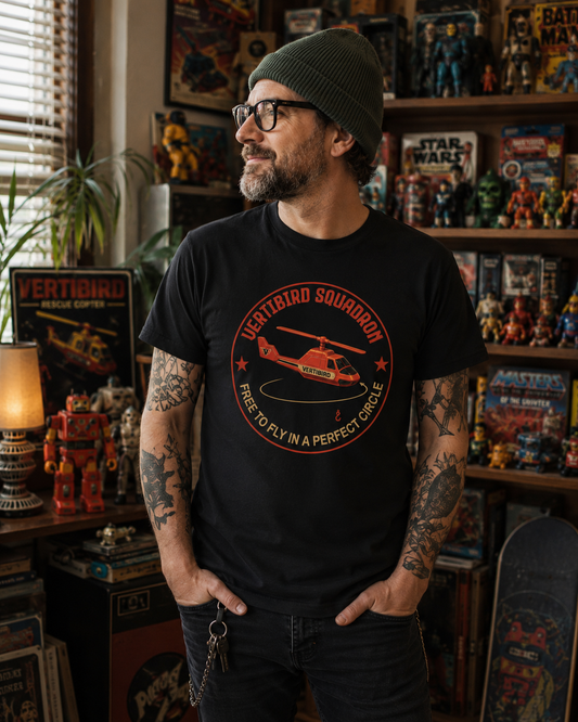 Model wearing the Vertibird Squadron black retro helicopter T-shirt