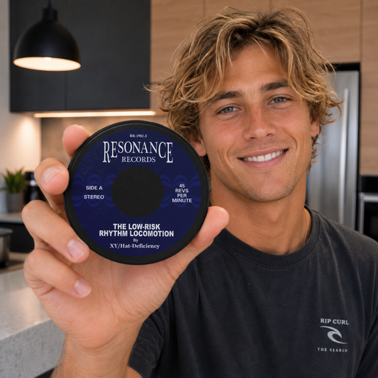 45 rpm-style coaster art for The Low-Risk Rhythm Locomotion by XY Hat-Deficiency