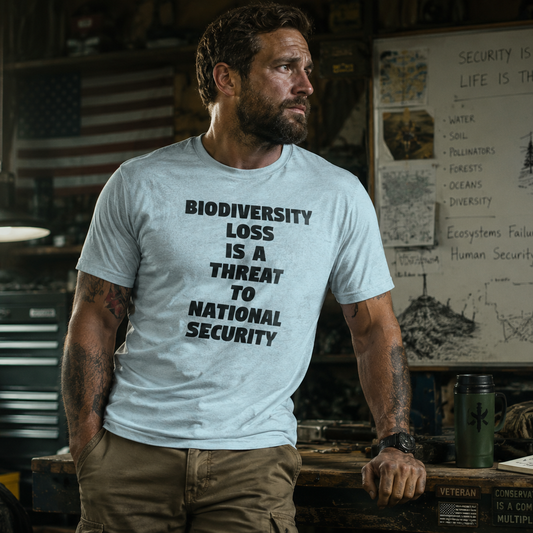 Model wearing the Biodiversity Loss is a Threat to National Security T-shirt in a field workshop