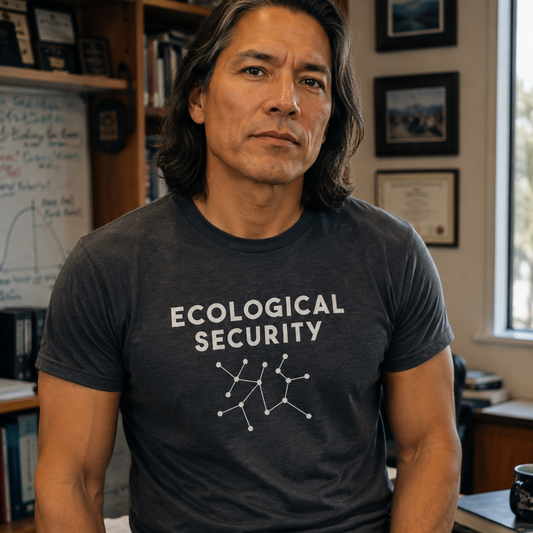 Model wearing the Ecological Security network T-shirt in an office with field notes