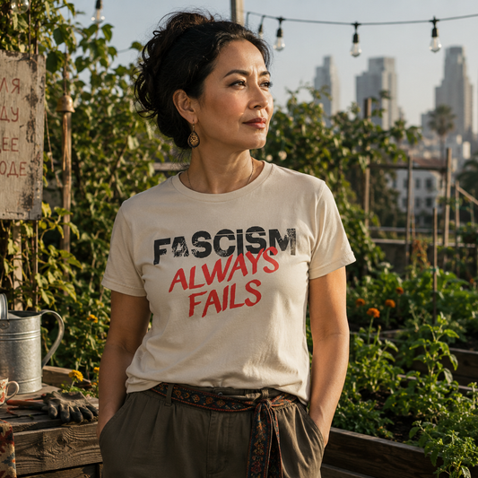 Model wearing the Fascism Always Fails protest T-shirt in an urban garden