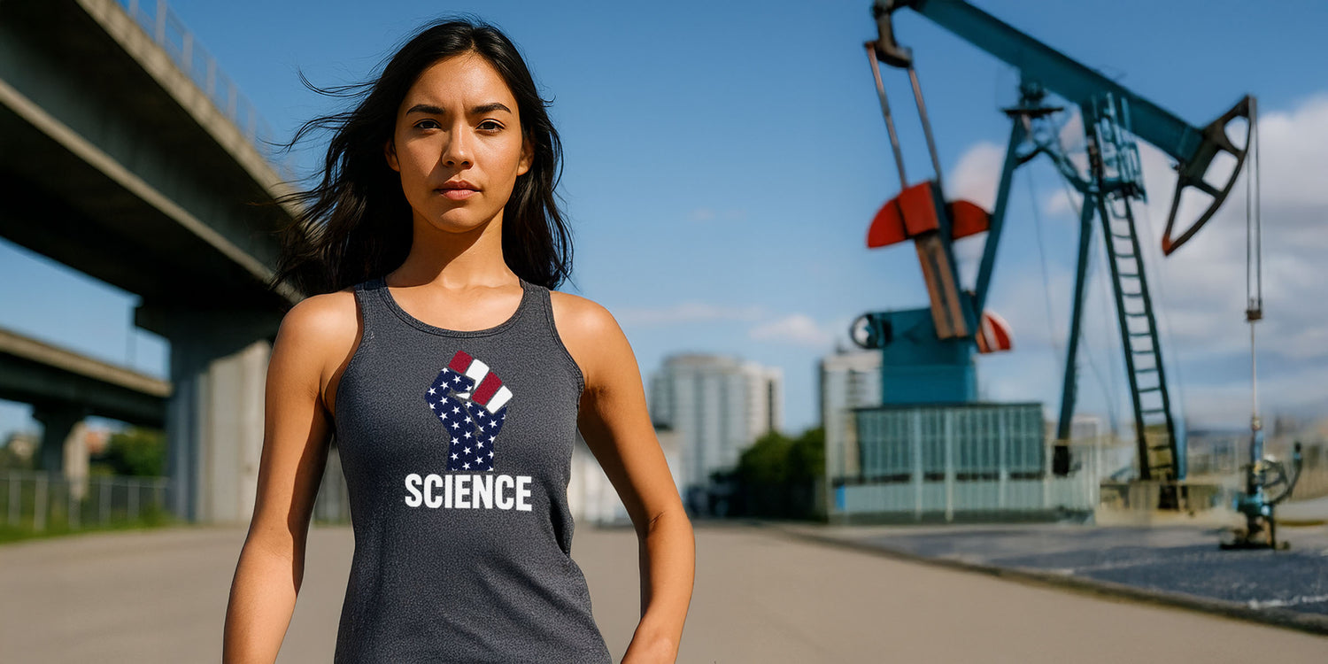 Wide hero image of a confident young woman wearing an ‘Aardvark Dreams’ tank top with a raised-fist American flag labeled ‘Science,’ standing defiantly near industrial equipment, symbolizing cultural rebellion and resistance against anti-science propaganda.