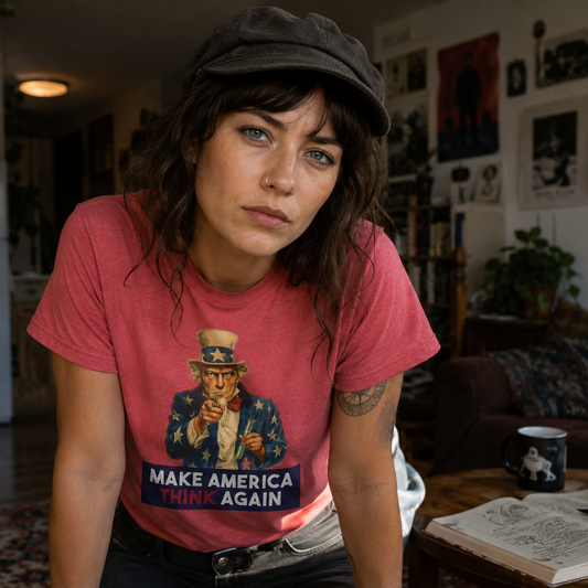 Model wearing the Make America Think Again Uncle Sam science T-shirt indoors