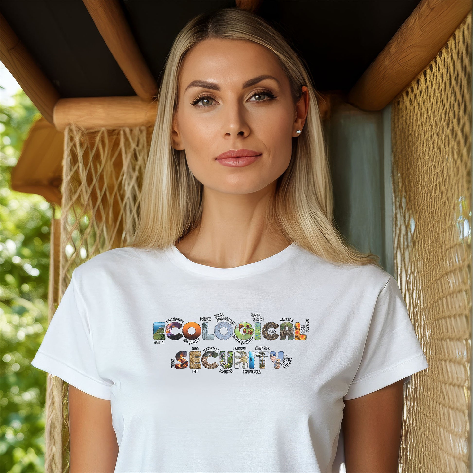 blonde woman wearing aardvark dreams white ecological security t-shirt