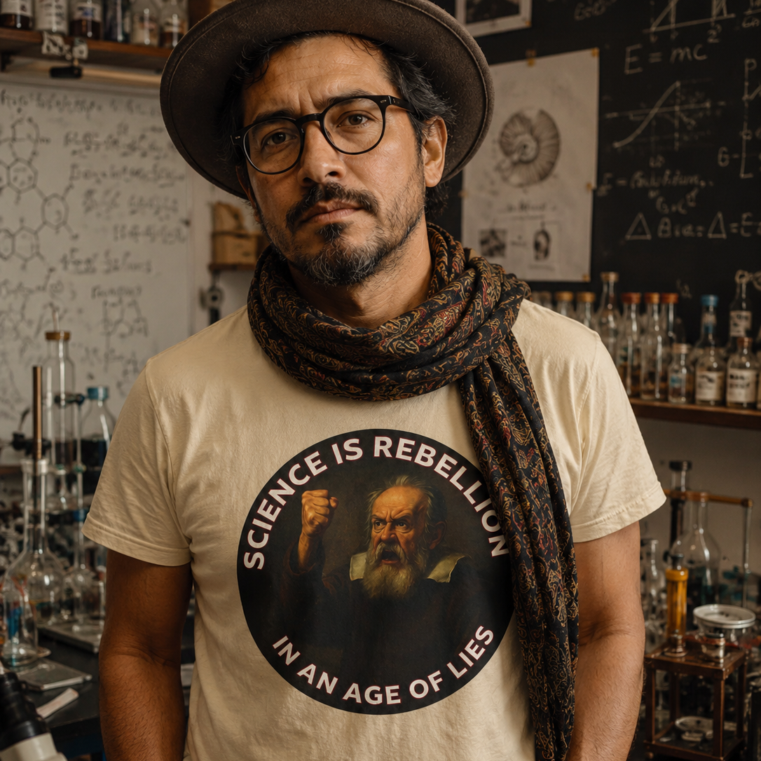 Model wearing the Science is Rebellion in an Age of Lies Galileo T-shirt in a lab