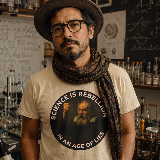 Model wearing the Science is Rebellion in an Age of Lies Galileo T-shirt in a lab