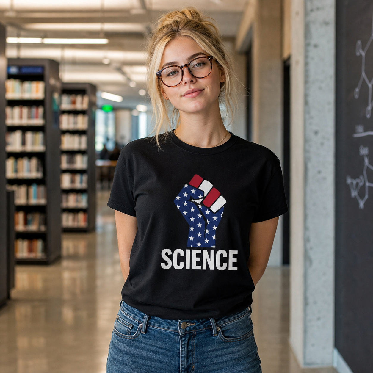 Student wearing the Science Patriotism Defiance black T-shirt in a campus science library