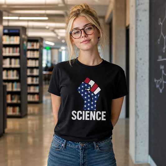 Blonde college student in glasses wearing the Science Patriotism Defiance black T-shirt in a campus science library