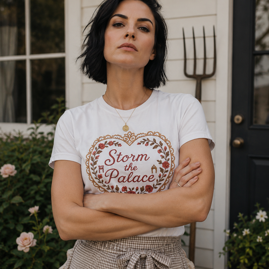 Model wearing the Storm the Palace cottagecore T-shirt outside a garden house