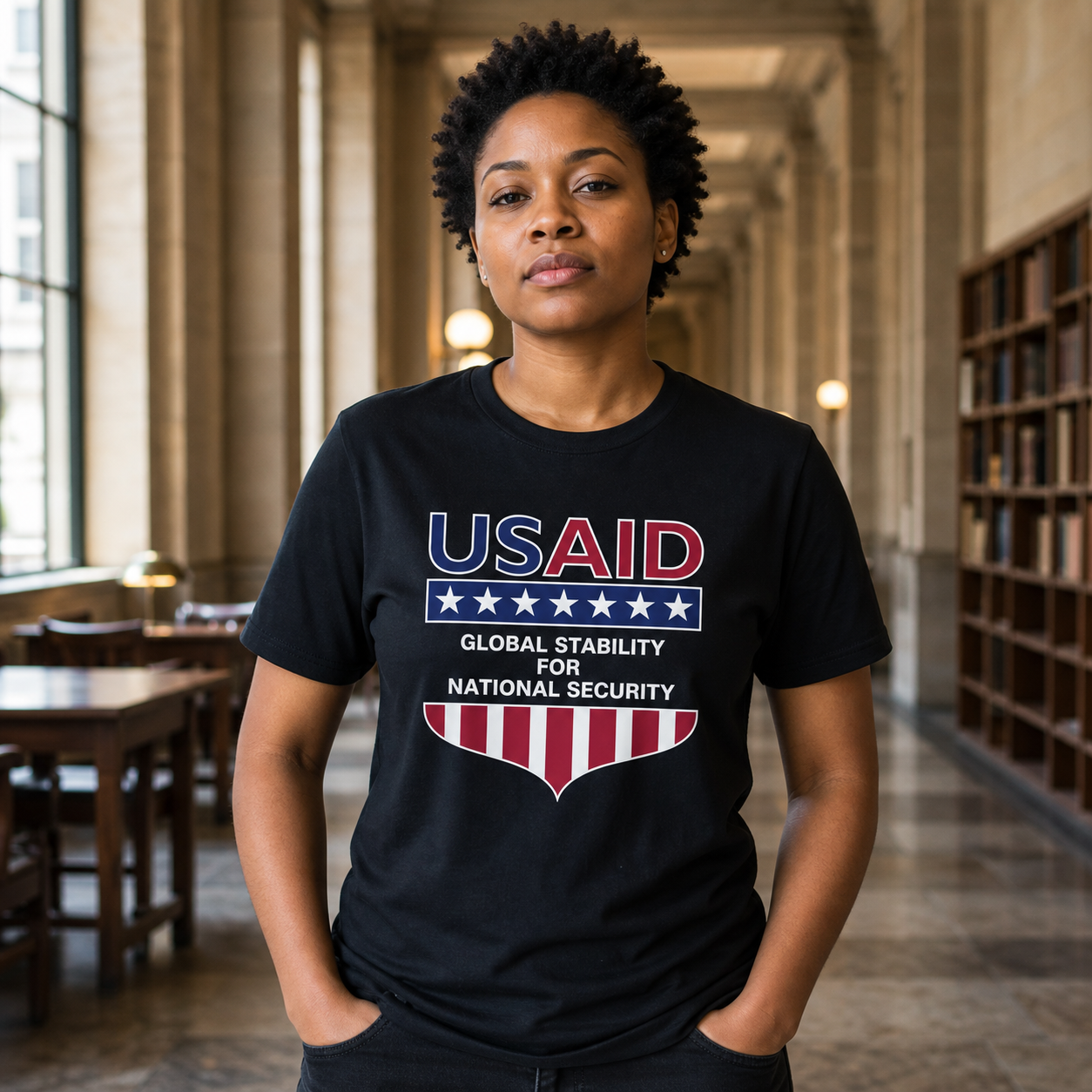 Woman wearing the USAID Global Stability For National Security black T-shirt in a civic library corridor